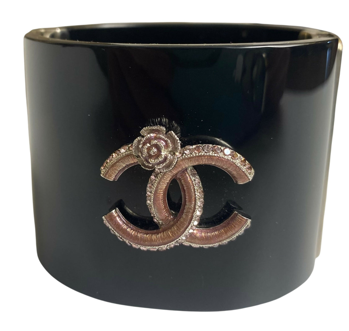Rare Chanel 12P Black Pink Crystals Camellia Flower Double Sided CC Cuff Bracelet