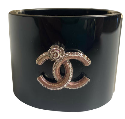 Rare Chanel 12P Black Pink Crystals Camellia Flower Double Sided CC Cuff Bracelet