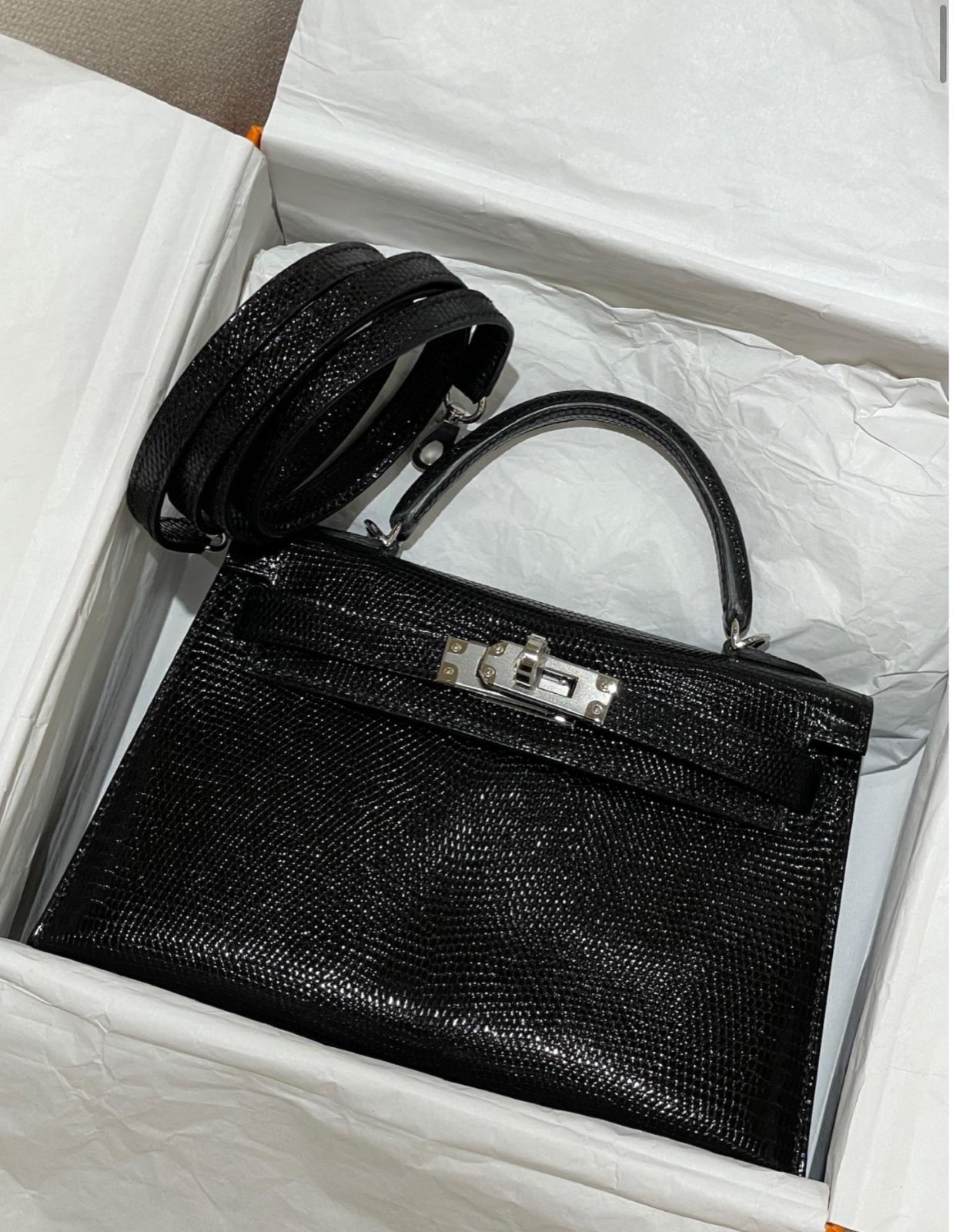 Hermes Mini Kelly 20 Black Lizard Palladium Hardware