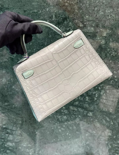 HERMÈS MINI KELLY 20 HSS GRIS PERLE AND VERT D'EAU MATTE ALLIGATOR PALLADIUM HARDWARE