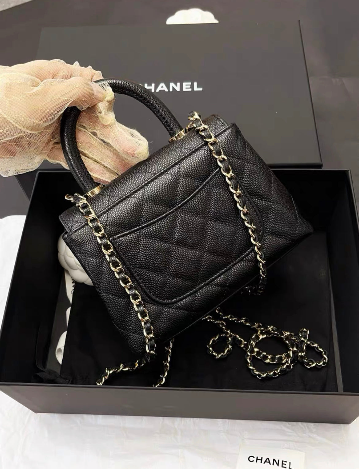 Chanel 24K Nano Coco Top Handle Flap Bag Black Caviar Light Gold