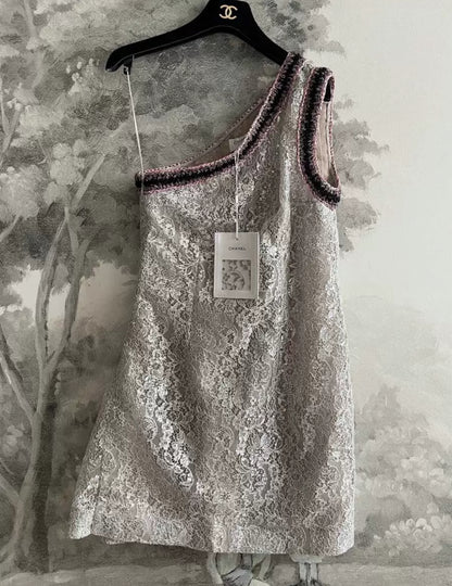 Chanel 23P Silver Iridescent Lace dress