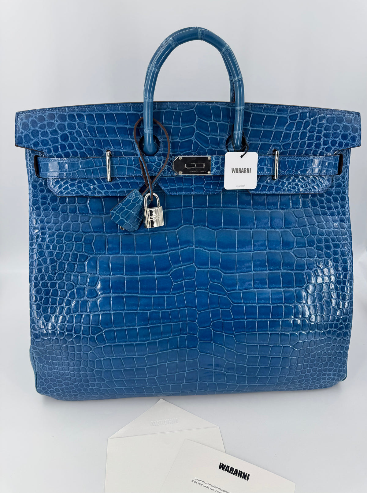 Hermes HAC 50 Blue Mykonos shiny porosus crocodile leather palladium hardware