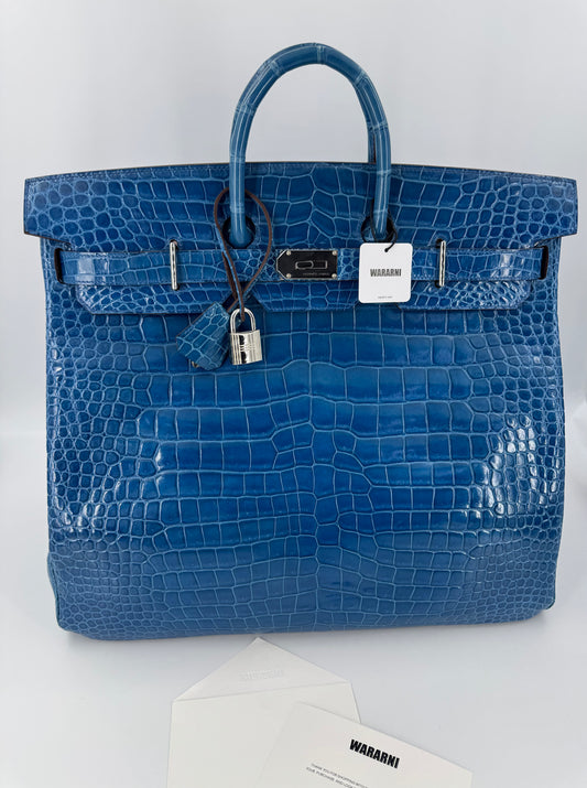 Hermes Birkin HAC 50 Blue Mykonos shiny porosus crocodile leather palladium hardware