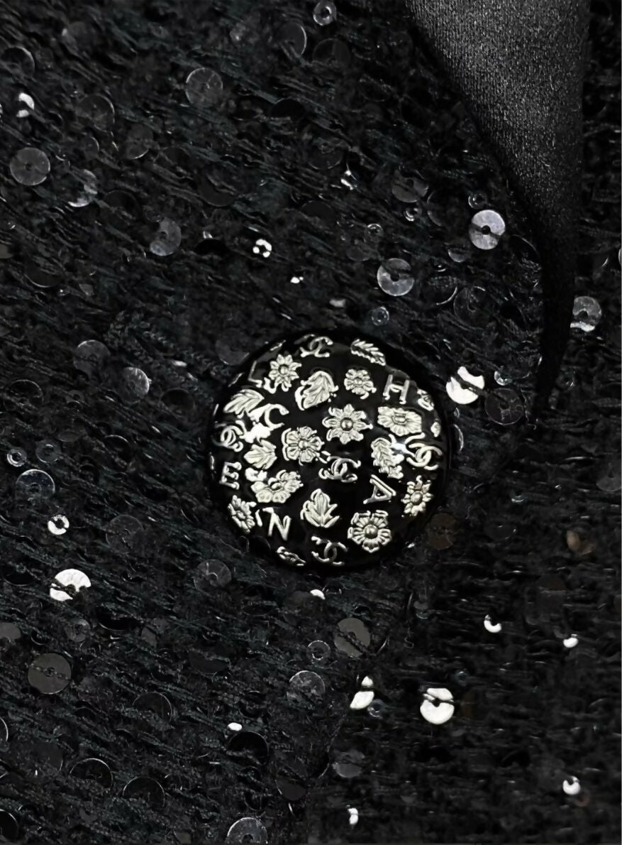 Chanel 18K Black Sequined Satin Lapel Jacket