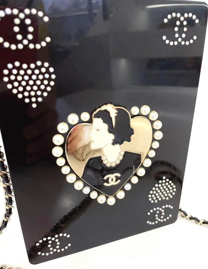 CHANEL Plexiglass Pearl Playing Card Casino Minaudiere Clutch Black Gold