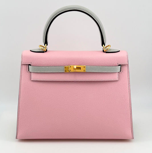 Hermes Kelly 25 Sakura x Gris Perle Chevre mysore leather brushed gold hardware