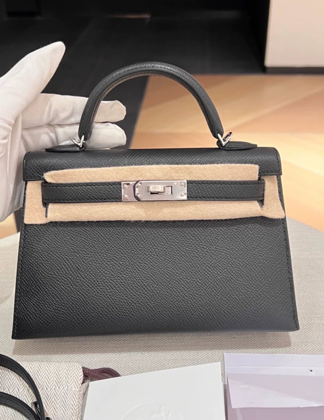 HERMES MINI KELLY BLACK EPSOM PALLADIUM HARDWARE