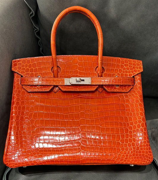 Hermes Birkin 30 orange poppy shiny porosus crocodile leather palladium hardware