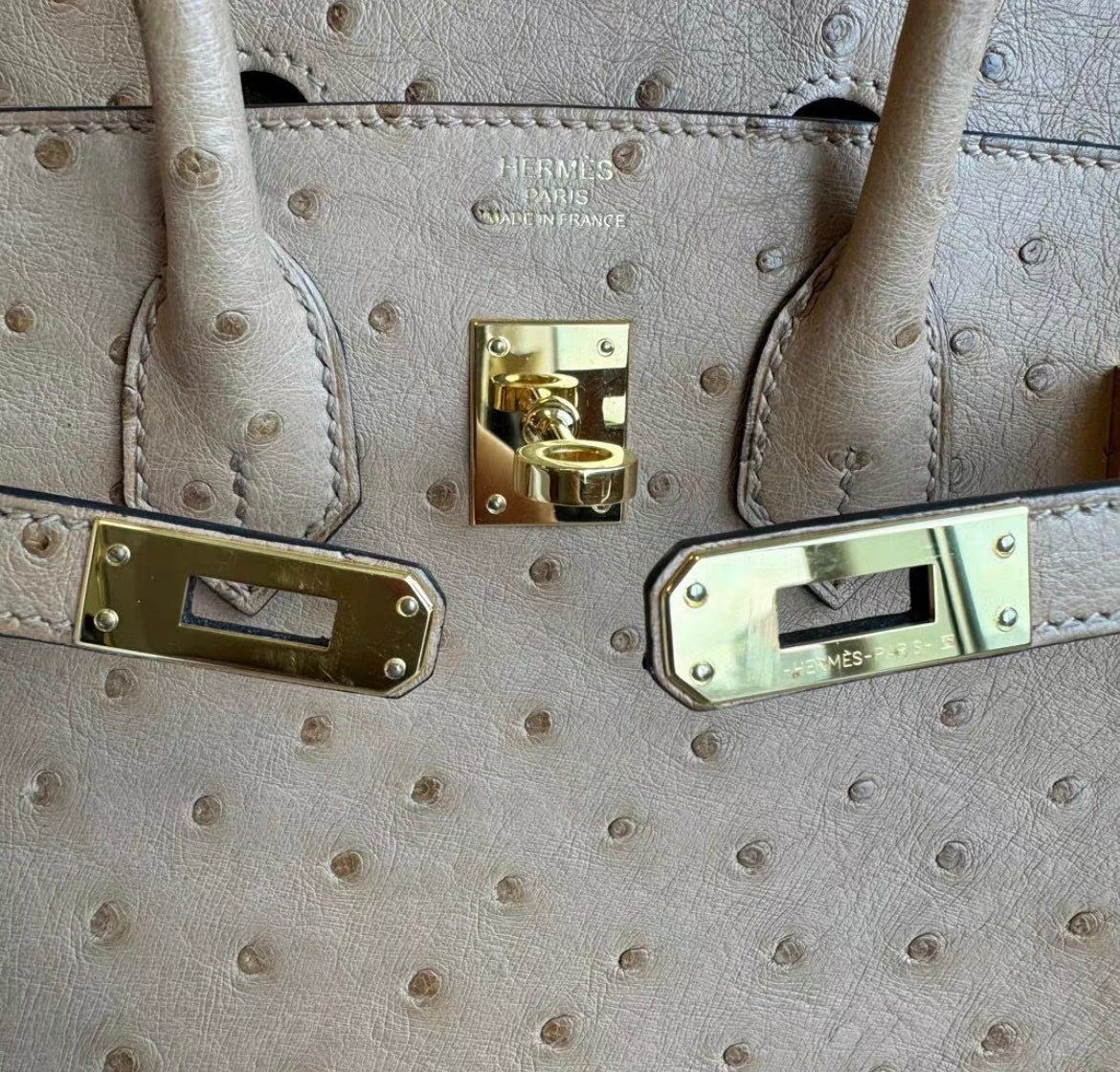 HERMÈS Ostrich Birkin 25 handbag in Chai with Gold hardware