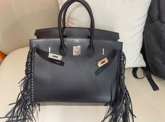 Hermès Birkin 35 Sellier Black Anate Fringe Evercolor leather Palladium Hardware