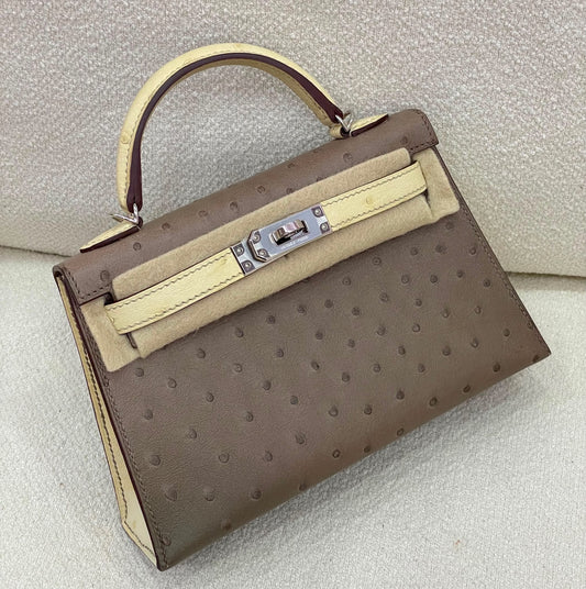 Hermes mini Kelly 20 Gris asphalt & vanilla ostrich leather palladium hardware