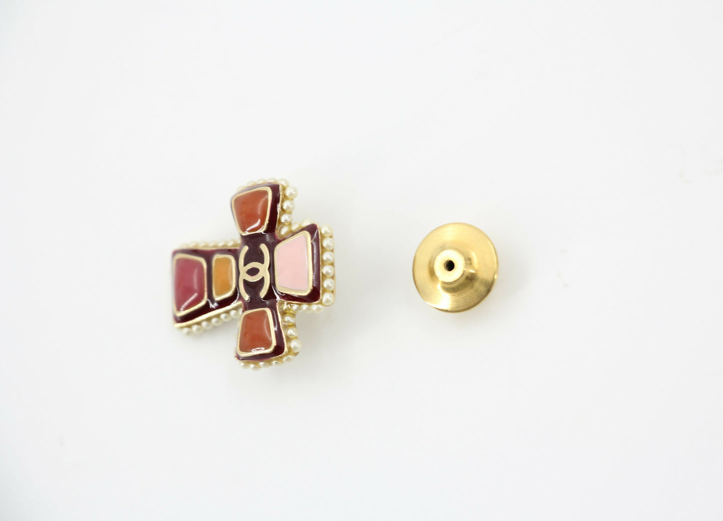 Chanel Vintage 03A Gripoix Red-Orange Imitation Pearl Cross Brooch