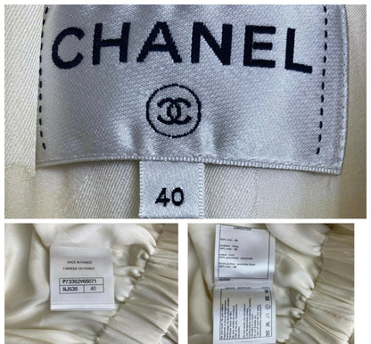 Chanel 23C Ecru Jacquard Silk CC Logo Velvet Bow Blouson Dress FR 40