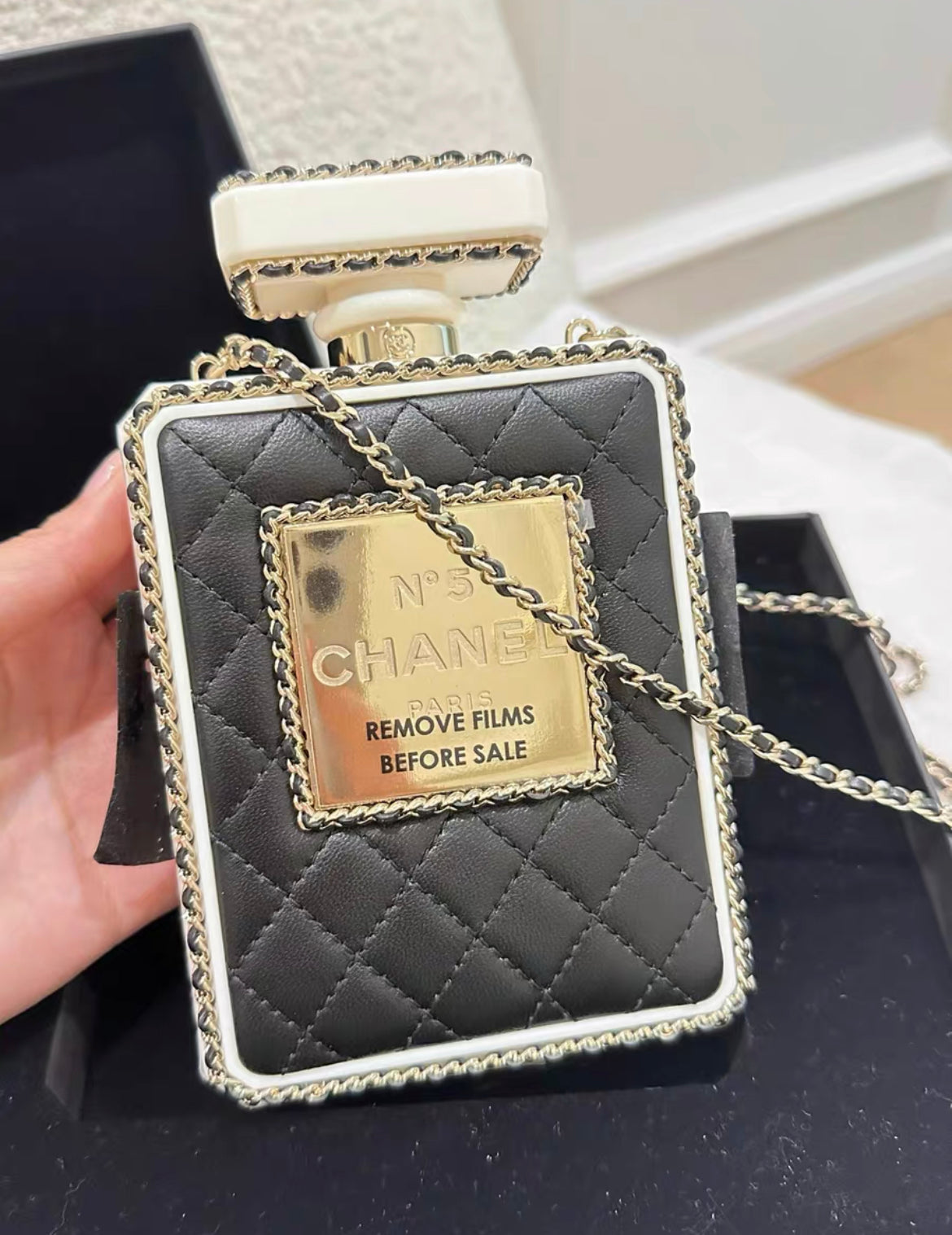 Chanel Black Quilted Leather and White Perspex Perfume Bottle Minaudiere Gold Hardware