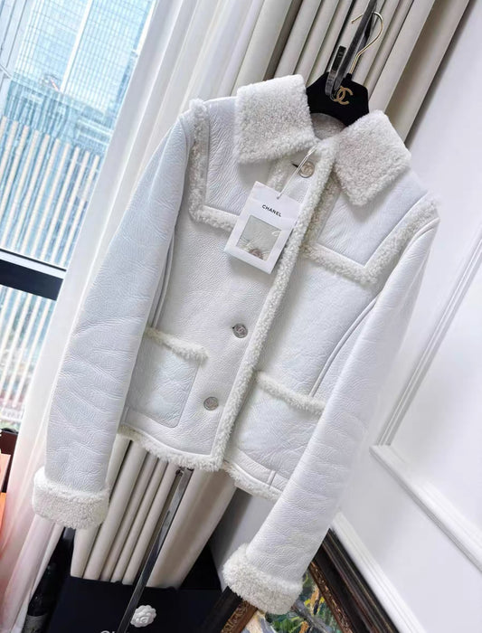 Chanel 21B white ecru shearling jacket