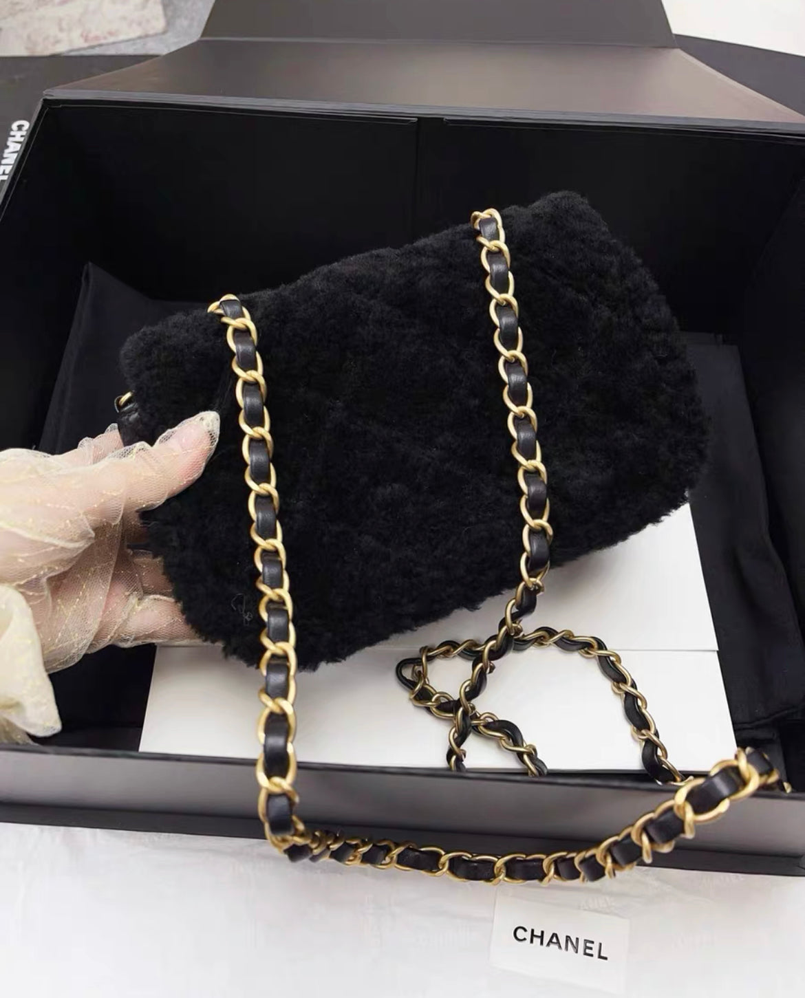 Chanel 2024 Black Sheepskin Teddy Bag Mini