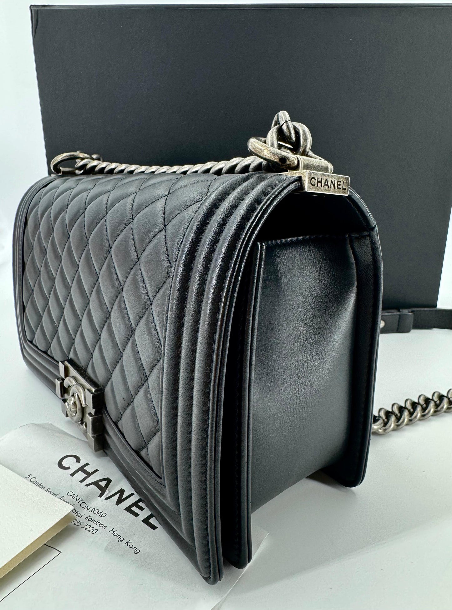 Chanel Boy black leather bag silver hardware