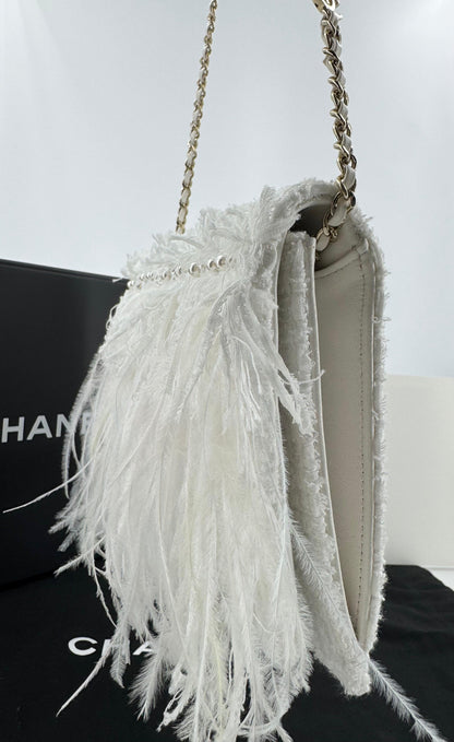 Chanel 25S Embroidered Tweed, Feathers, Imitation Pearls & Gold-Tone Metal Clutch in White