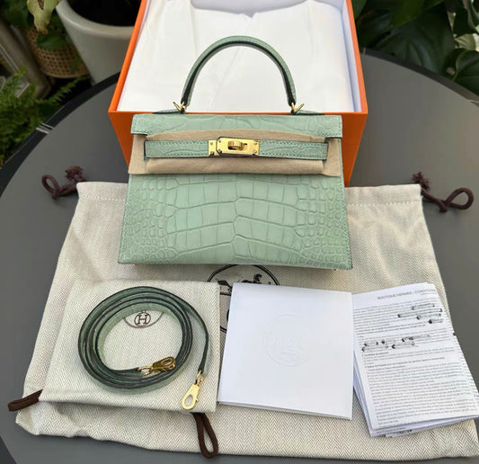 Hermes Mini Kelly 20 Vert d'eau Matte Crocodile Alligator Handbag