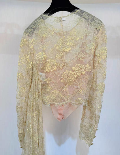 Chanel 20A Beige & Gold Lace Blouse