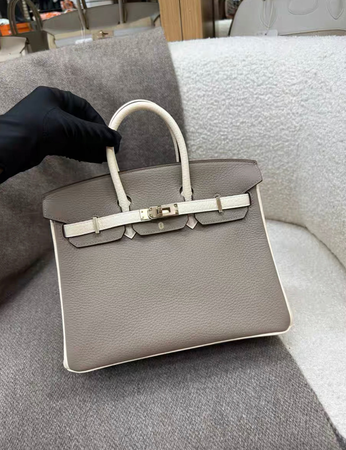 Hermès Special Order (HSS) Birkin 25 Gris and Nata Togo Brushed Gold Hardware