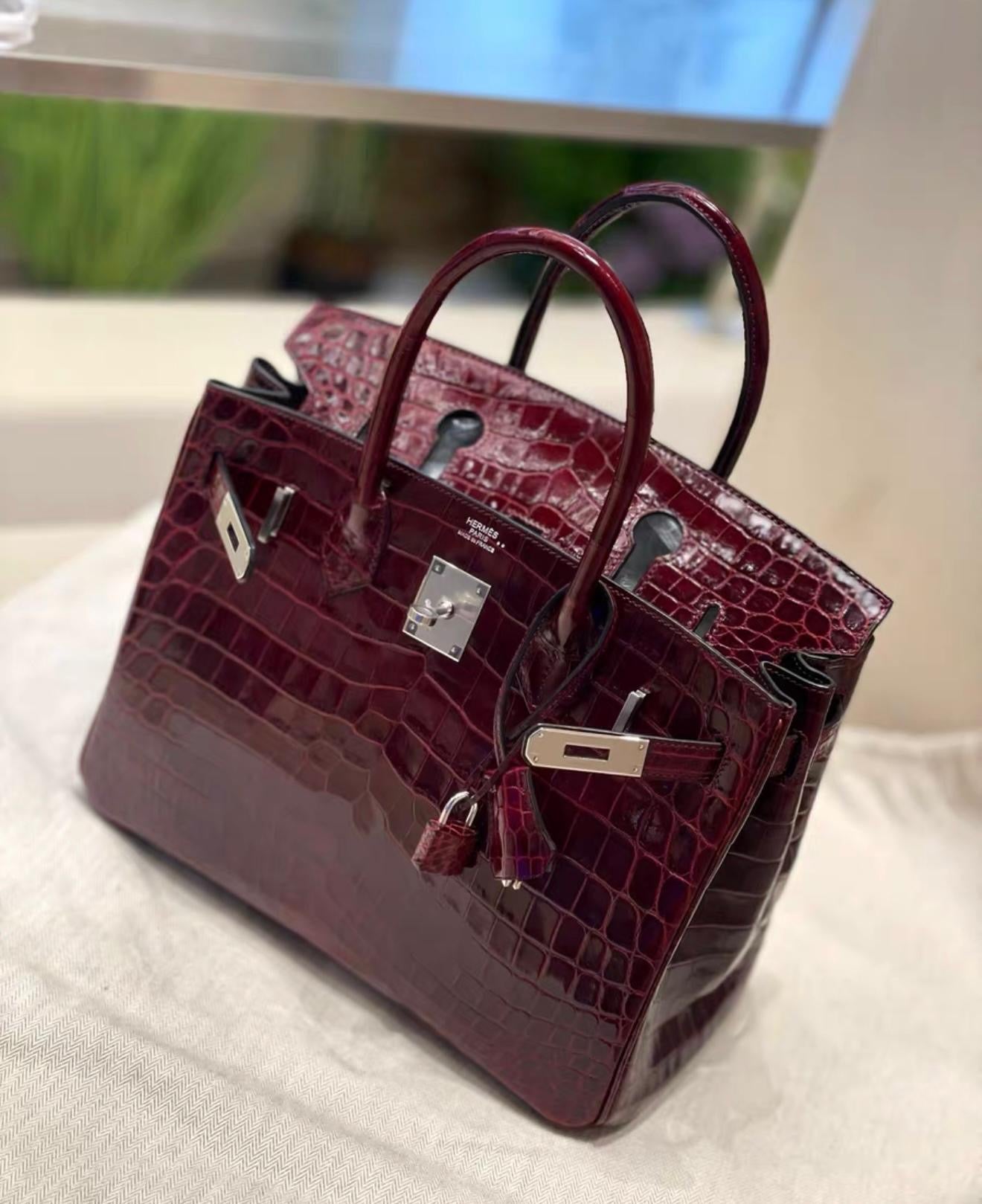 Hermes Birkin 30 Bordeaux Shiny Crocodile Leather Palladium Hardware