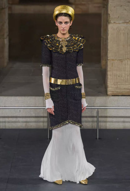 Chanel 19A Navy Blue & gold Embroidered Tweed dress