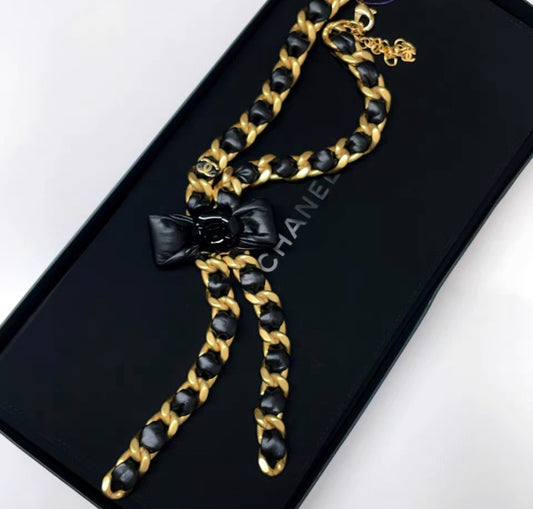 Chanel 20A tie style gold & black ribbon bow with camellia flower leather chain necklace