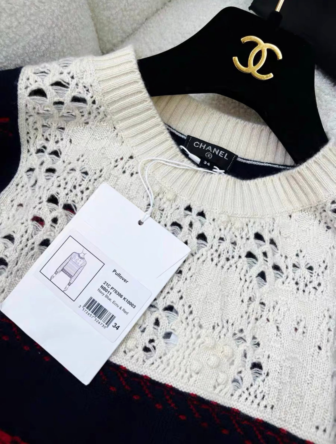 Chanel 21C Navy Blue, Ecru & Red Pullover size 34 – Wararni.com