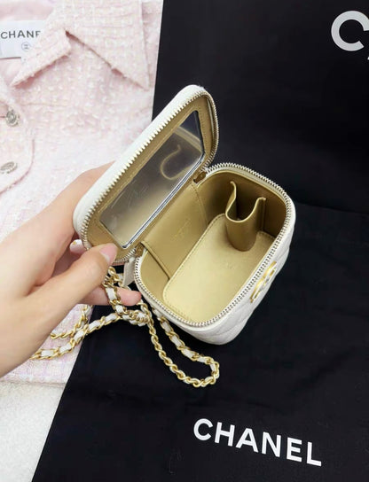 Chanel 24A Pink Enamel Double C white leather Gold chain Vanity Case Bag