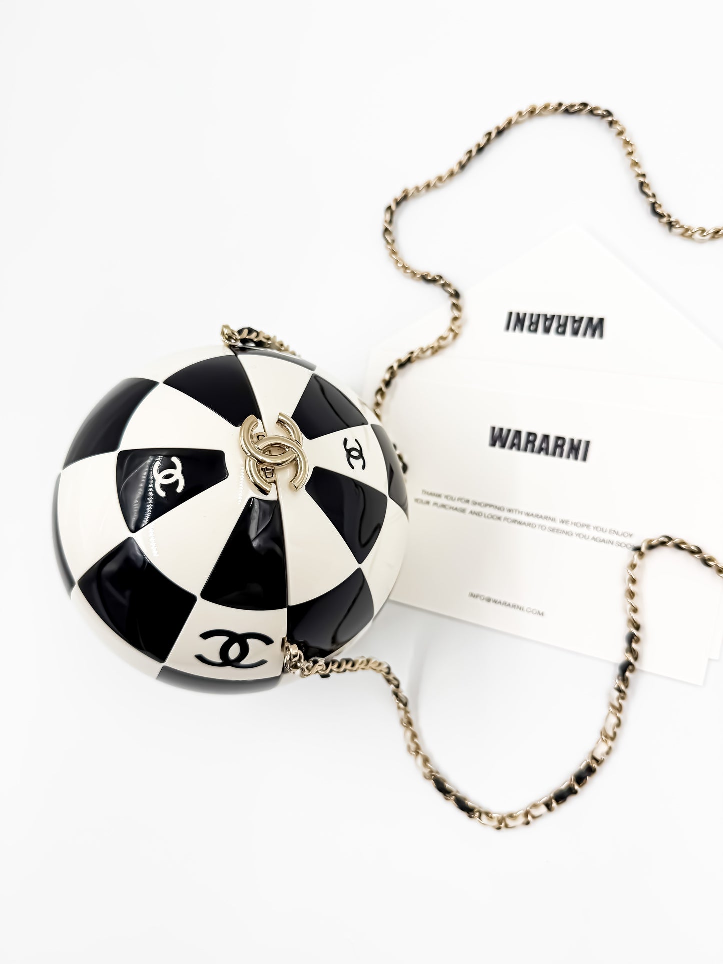 Chanel 23C Black & White Resin & Enamel Checker Sphere Minaudiere with Light Gold Hardware