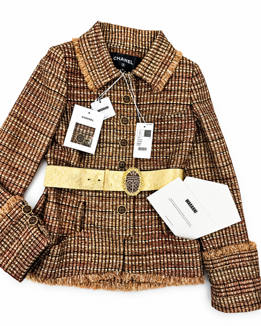 Chanel 19A Gold/Red/Black Tweed Jacket with Golden Beetle Belt