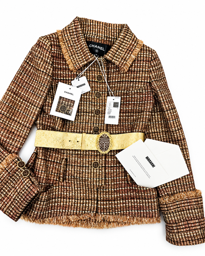 Chanel 19A Gold/Red/Black Tweed Jacket with Golden Beetle Belt