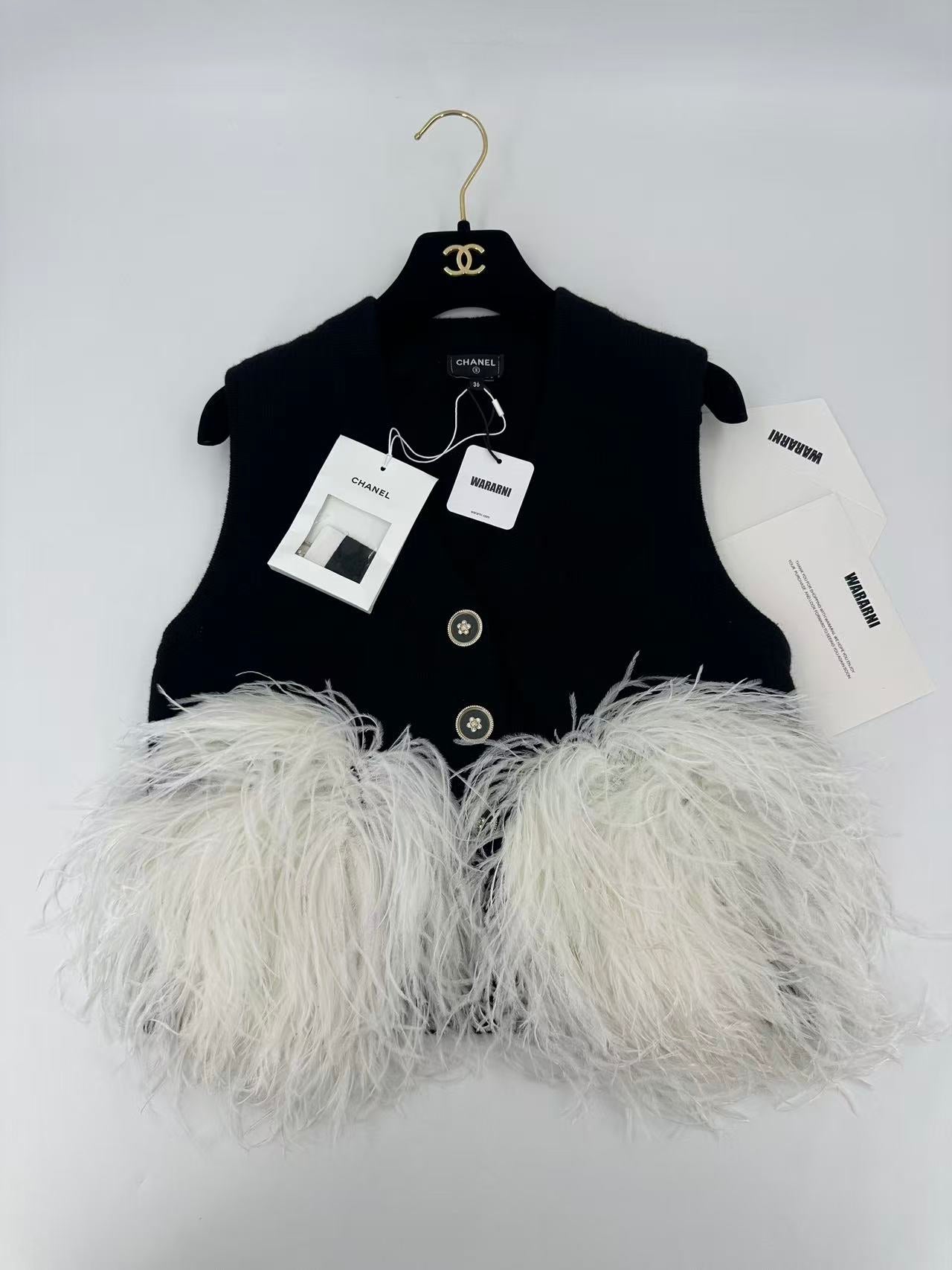 Chanel 23AW Black Cashmere & White Ostrich Feathers Cardigan
