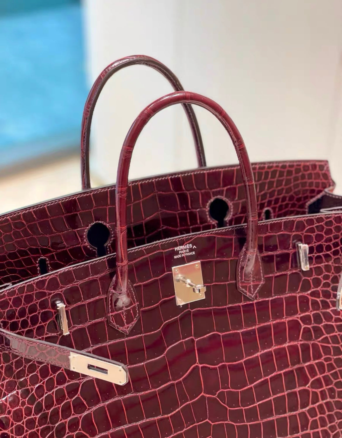 HERMÈS 40CM BIRKIN BORDEAUX SHINY POROSUS CROCODILE PALLADIUM HARDWARE