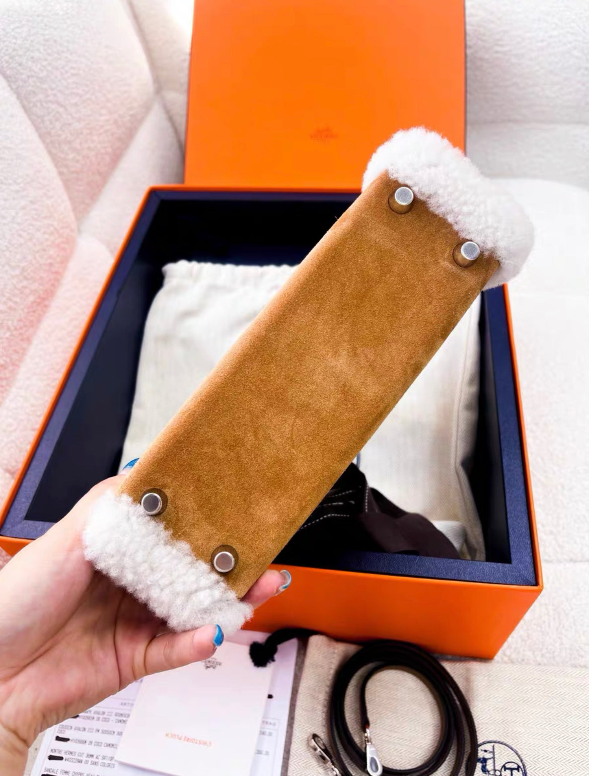 HERMÈS KELLY MINI TEDDY PLUSH SHEARLING CHAMOIS/ECRU/ALEZAN PALLADIUM HARDWARE