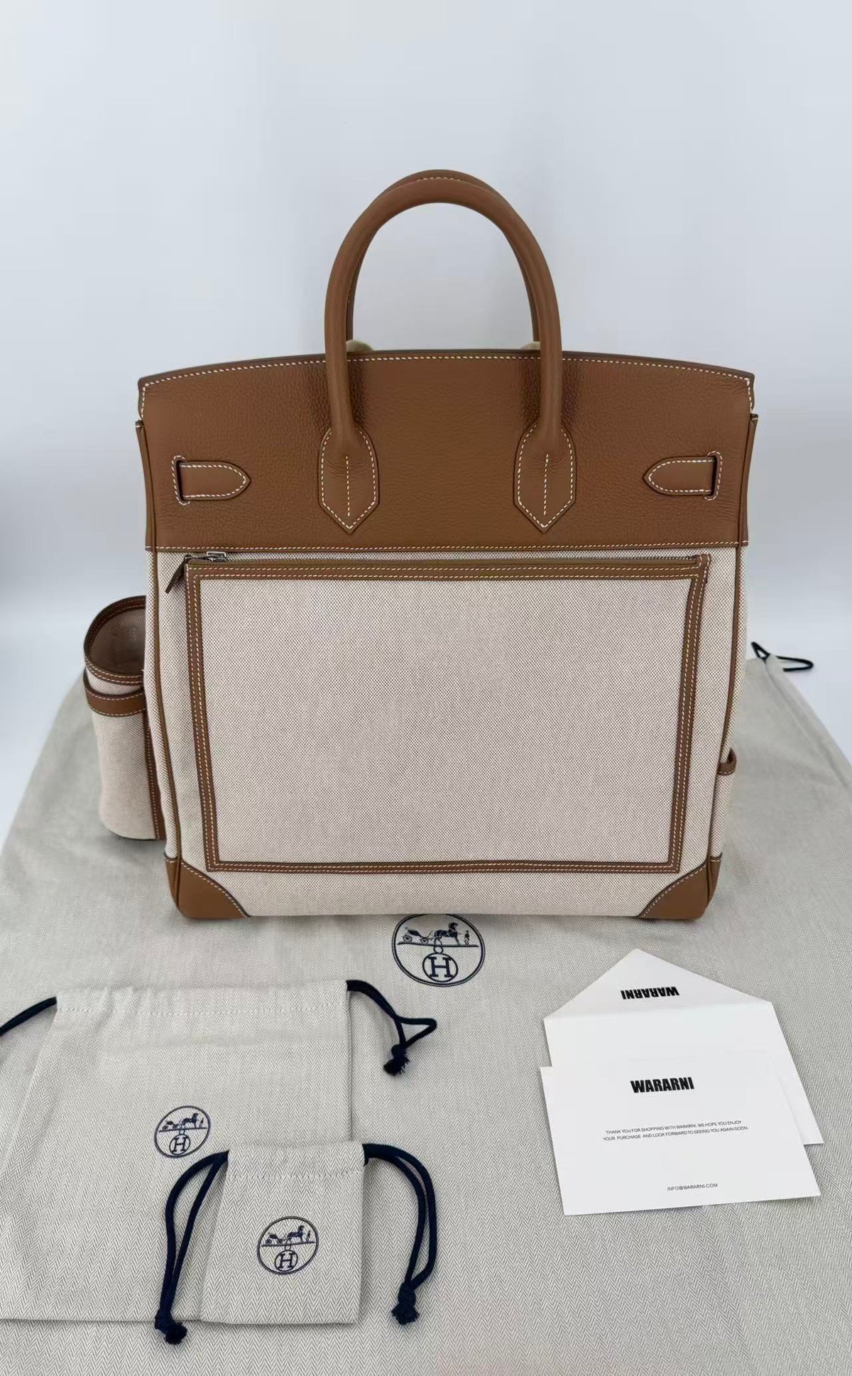 Hermes Birkin HAC 40 Cargo in canvas gold-brown leather palladium hardware