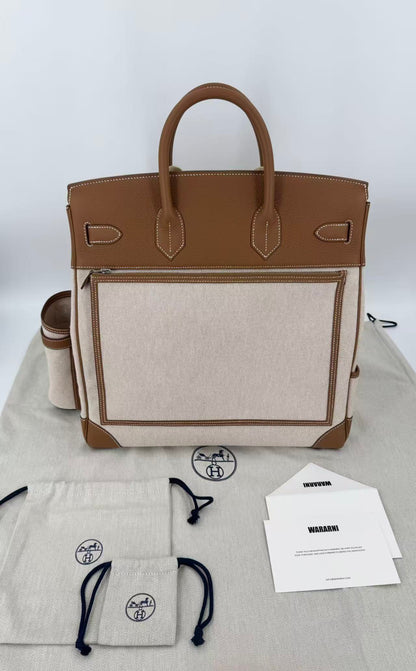Hermes Birkin HAC 40 Cargo in canvas gold-brown leather palladium hardware