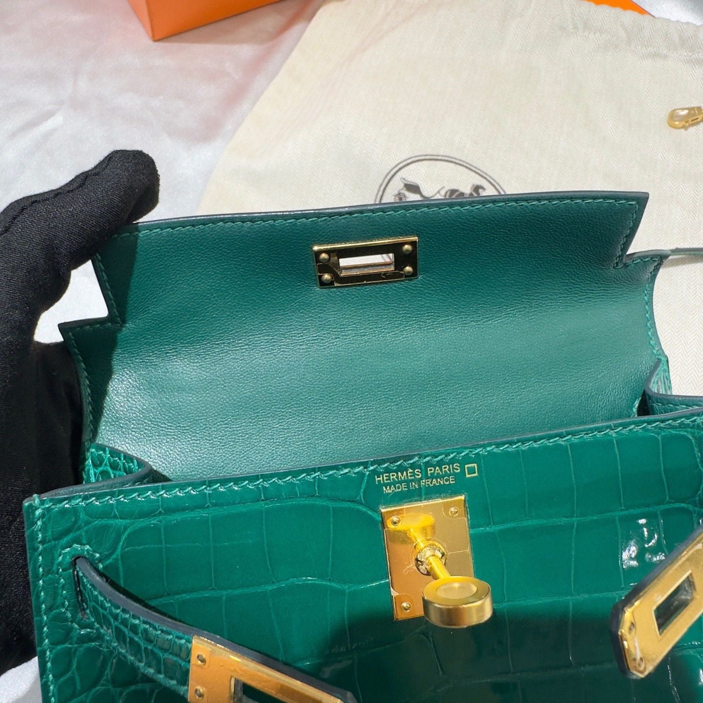 Hermes Mini kelly Green Emerald 6Q alligator leather gold hardware