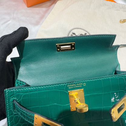 Hermes Mini kelly Green Emerald 6Q alligator leather gold hardware