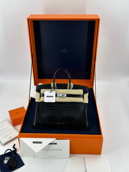 Hermès BIRKIN 25 SHINY BLACK POROSUS CROCODILE DIAMOND WITH 18K WHITE GOLD & DIAMOND HARDWARE, Brand new full set!!!
