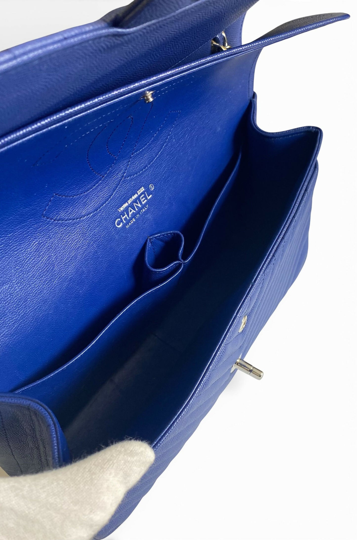 Chanel 2019 Caviar Royal Blue Jumbo Chevron Double Flap Timeless Classic Bag SHW