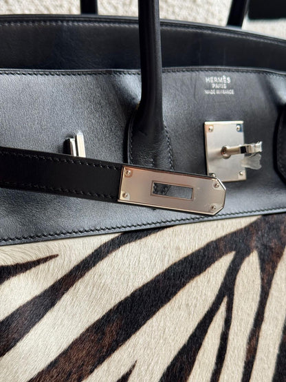 Hermes Birkin 35 Black Box Zebra Print Pony Fur Palladium hardware