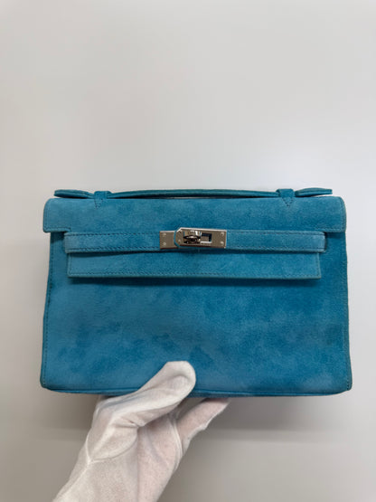 Hermes Kelly Pochette Blue Doblis Suede leather palladium hardware