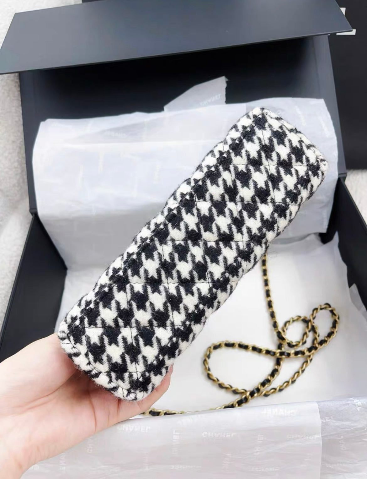 CHANEL 24A Nano Kelly Black & White Houndstooth Tweed Bag - Brand New