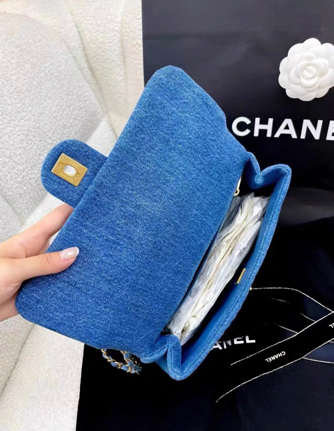 CHANEL 22P SM Quilted Print Blue Denim Jean Imprime Flap Handbag Chain