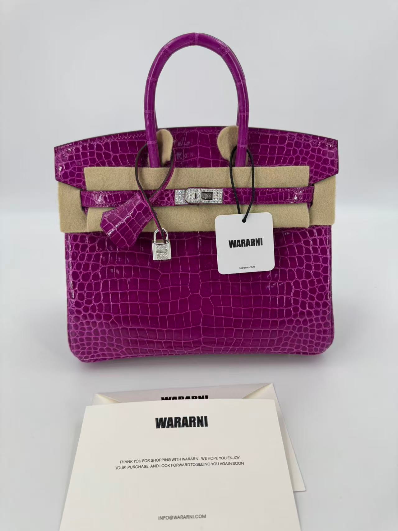 Hermes Birkin 25 rose scheherazade Crocodile Porosus white gold diamond hardware