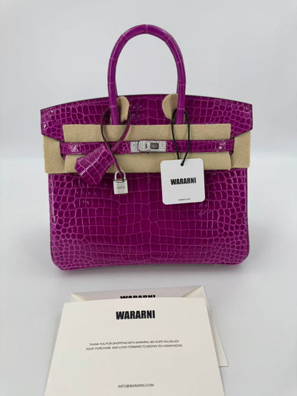 Hermes Birkin 25 rose scheherazade Crocodile Porosus white gold diamond hardware