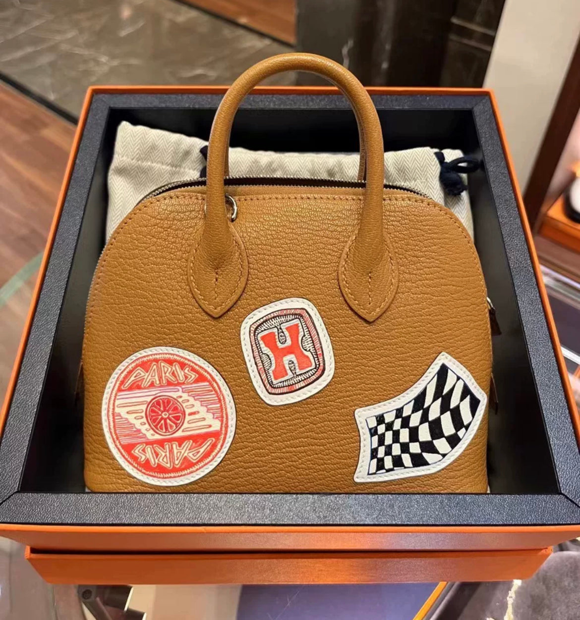 HERMÈS Limited Edition Mini Bolide 1923 Travel Caramel Chevre Palladium hardware